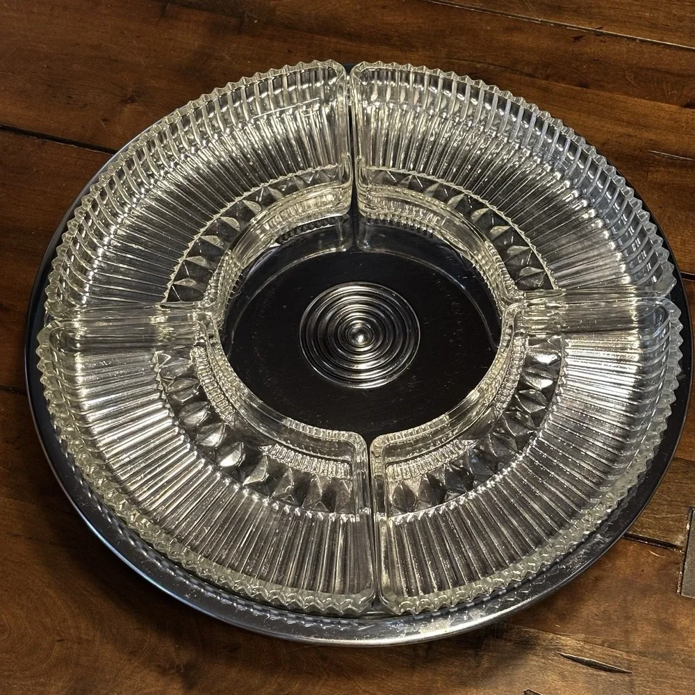 6pc VTG 60s MCM Kromex Chrome Glass Lazy Susan Serving Tray Lid ~ No Center Bowl